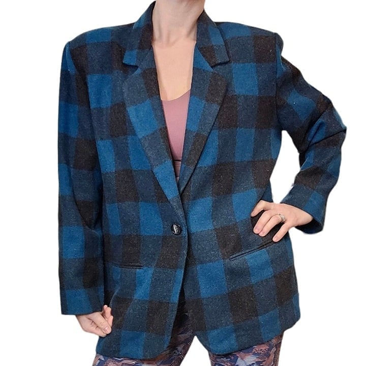 80s 90s Wool Blend Plaid Checkered Teal Blue Dark Gray Blazer Boyfriend Fit M/L