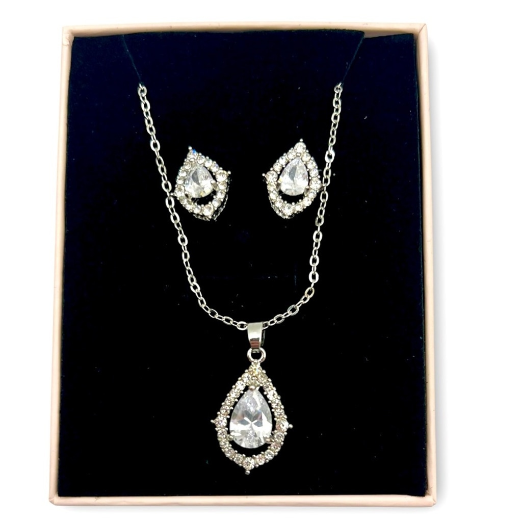 925 Sterling Silver CZ Geometric Earring & Necklace Set