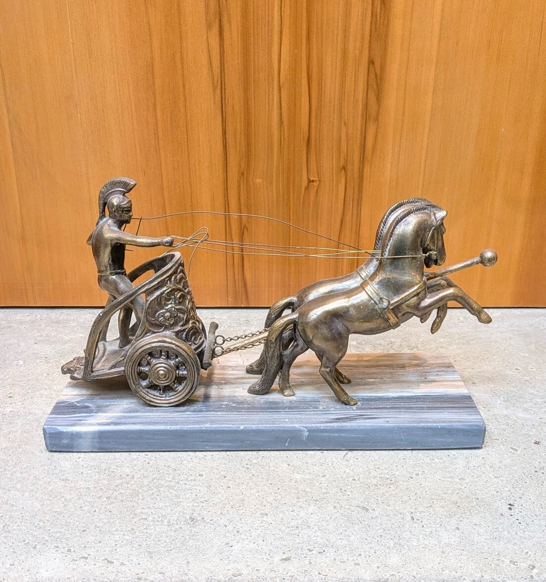 1950s Brass & Marble Roman Soldier Riding Chariot