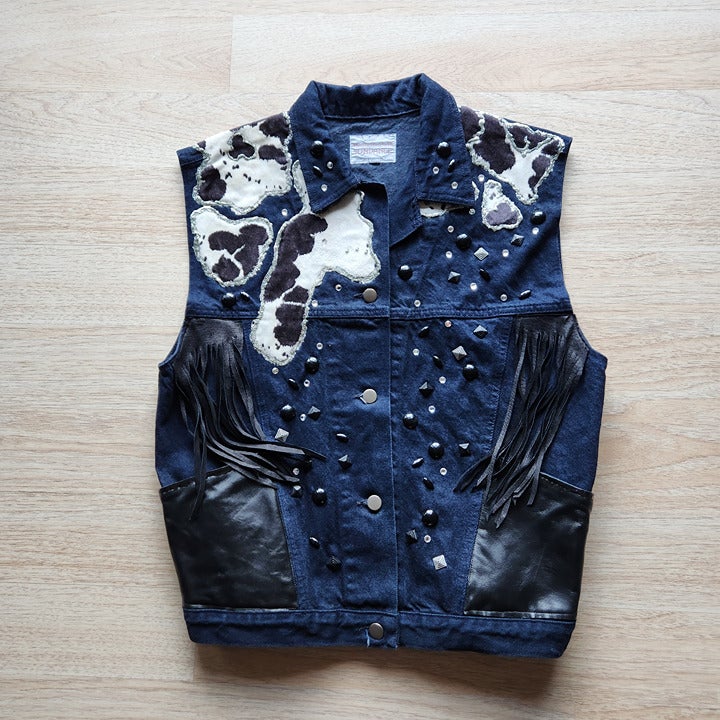 Vintage Sundance Denim Cowhide Rhinestone Fringe Southwest Vest Button Woman's M