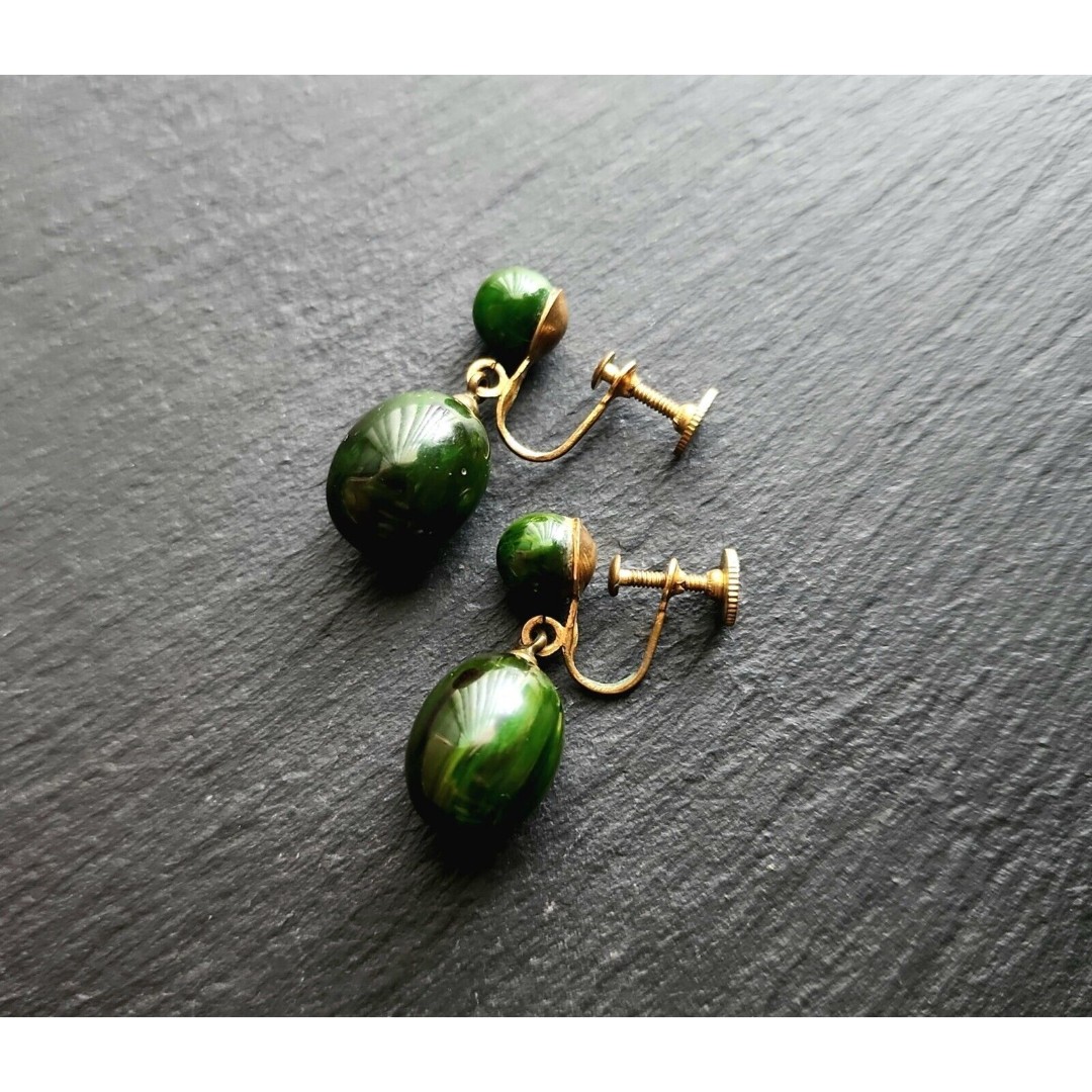 Vintage Jade-Green Bakelite Drop Earrings Art Deco Screw-On Brass Earrings 30s