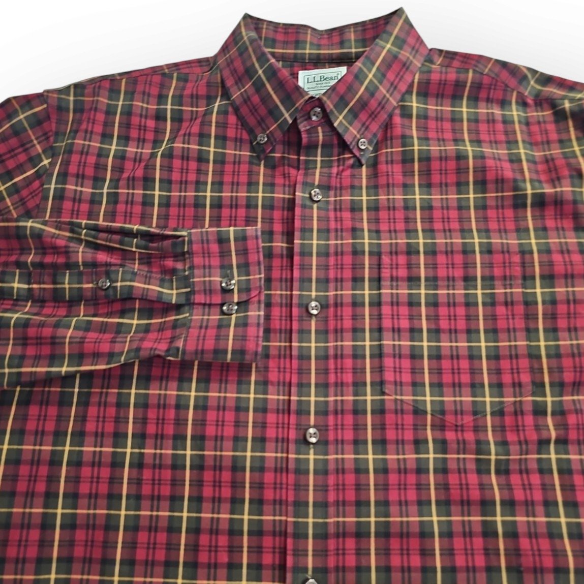 LL Bean Slightly Fitted Large 100% Cotton Dark Maroon Plaid Shirt