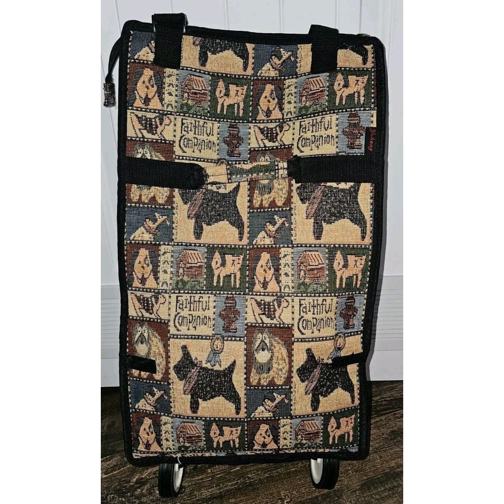 Faithful Companion Tapestry Shopping Travel Tote Bag Wheels Folding Collapsible