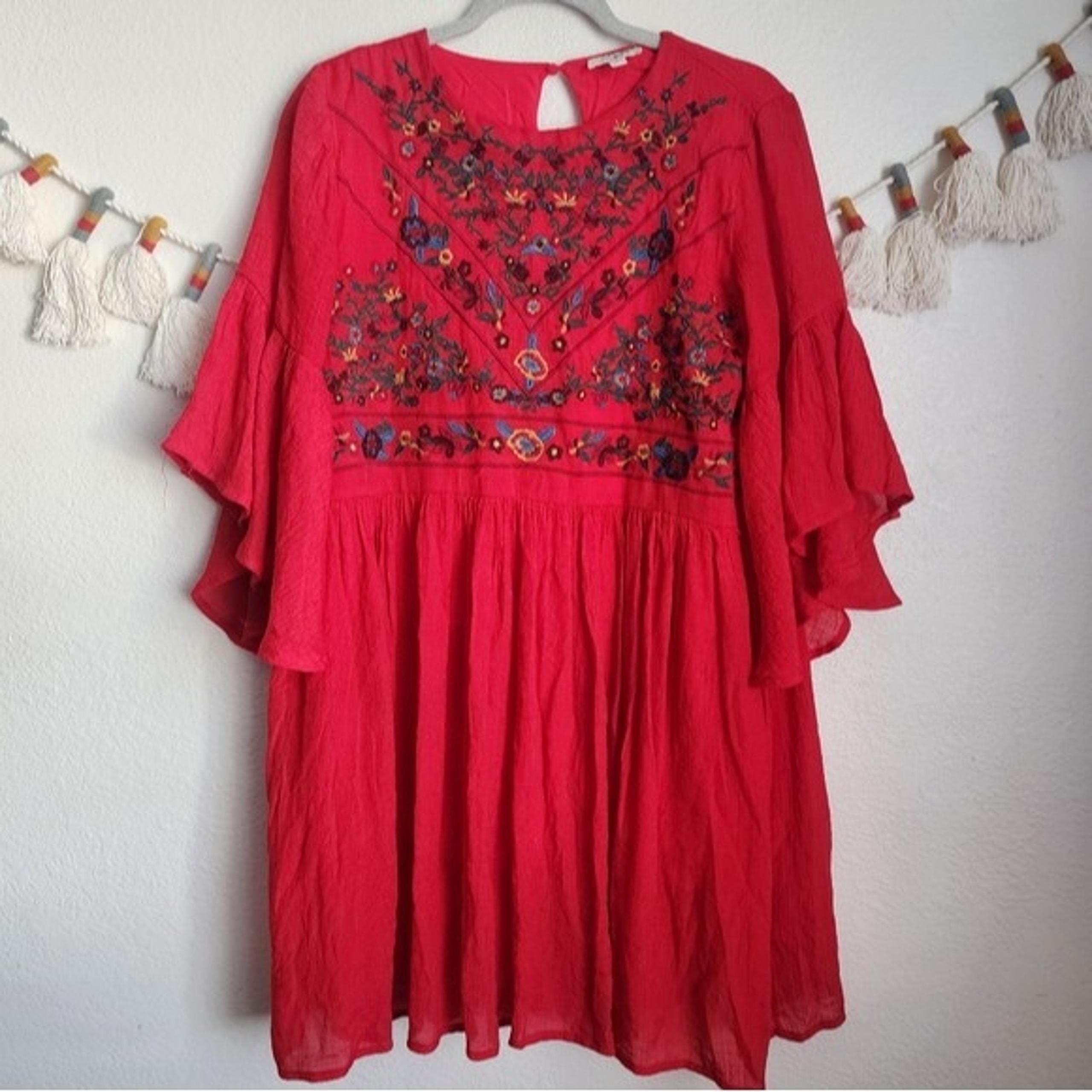 Umgee Red Embroidered Flutter Sleeve Flowy Gauzy Mini Dress Boho Rodeo M