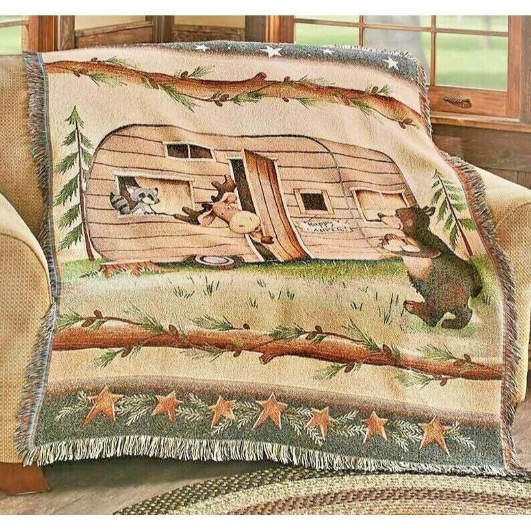 Woodsy Retro Camper Tapestry Throw Blanket Raccoon Moose Bear 51 x 62-inch Gift