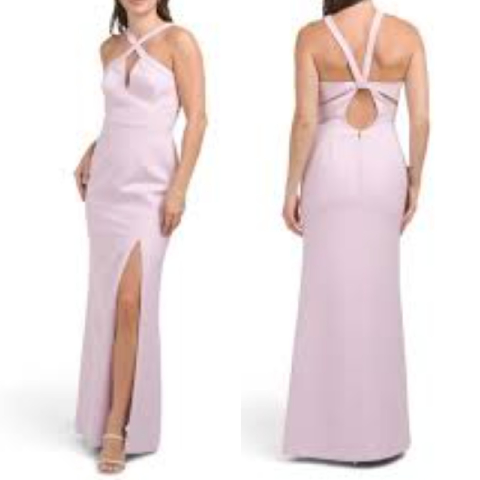 NWT BCBGMAXAZRIA Orchid Pink Halter Evening Gown Maxi Dress Criss Cross Slit 10