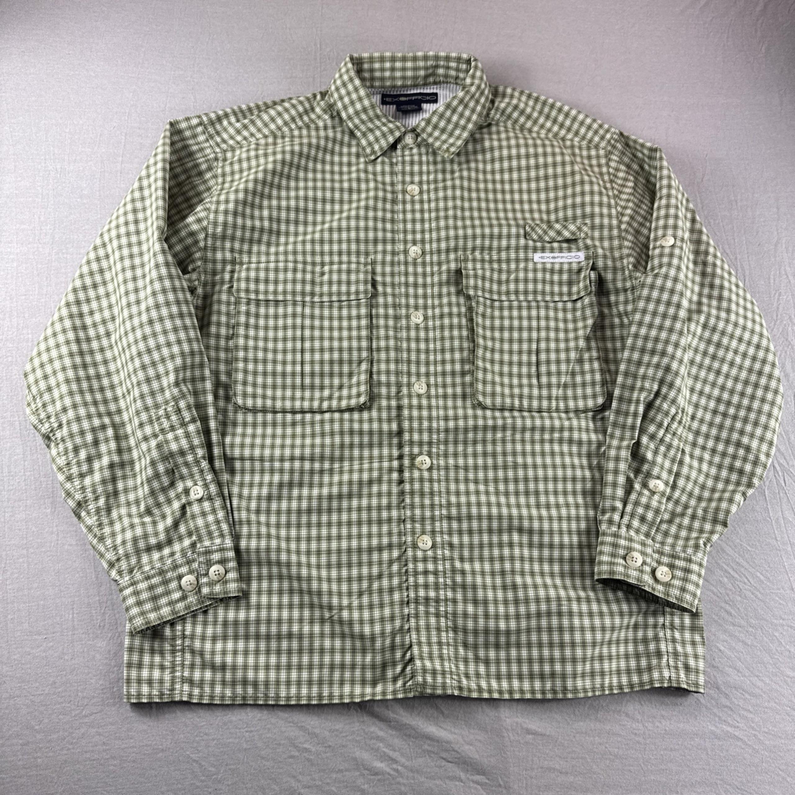 ExOfficio Air Strip Vented Shirt Mens M Green Plaid Roll Tab Long Sleeve Fishing