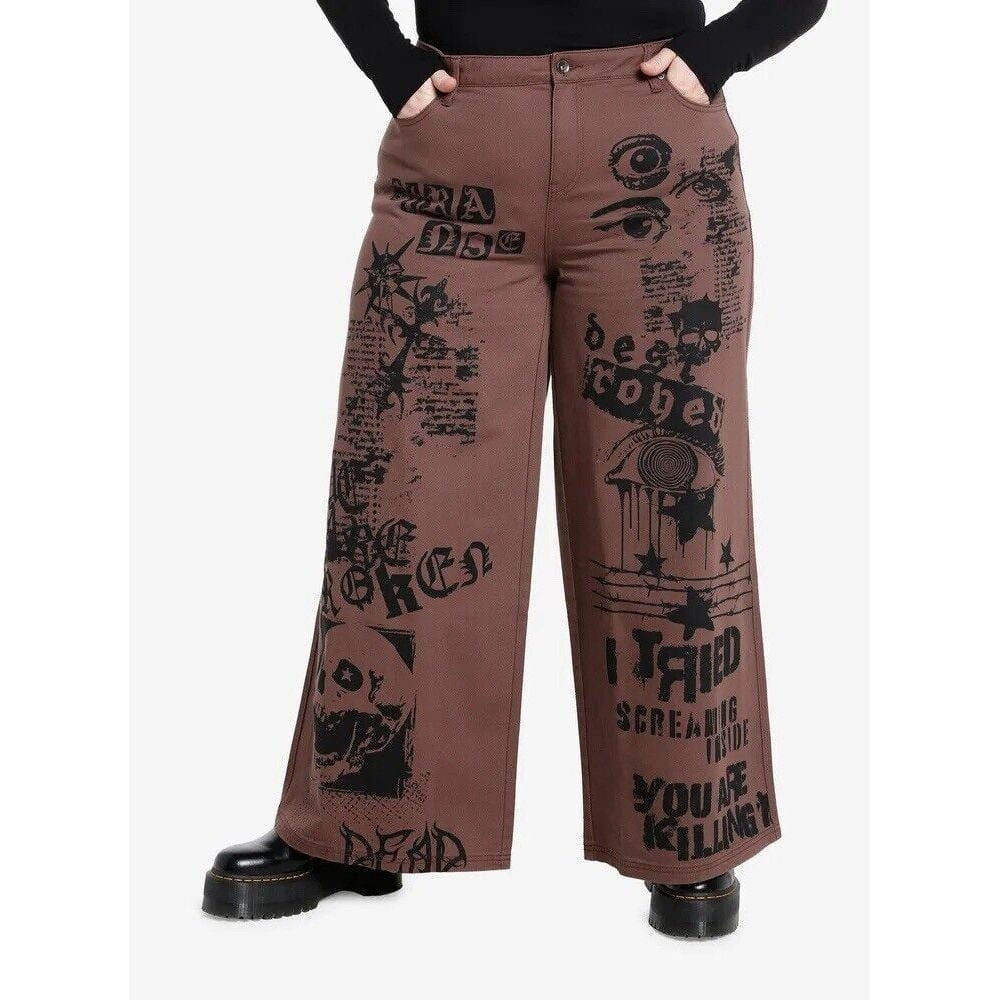 Hot Topic Social Collision Jeans 18 Brown Punk Graphics Gothic Grunge Wide Leg