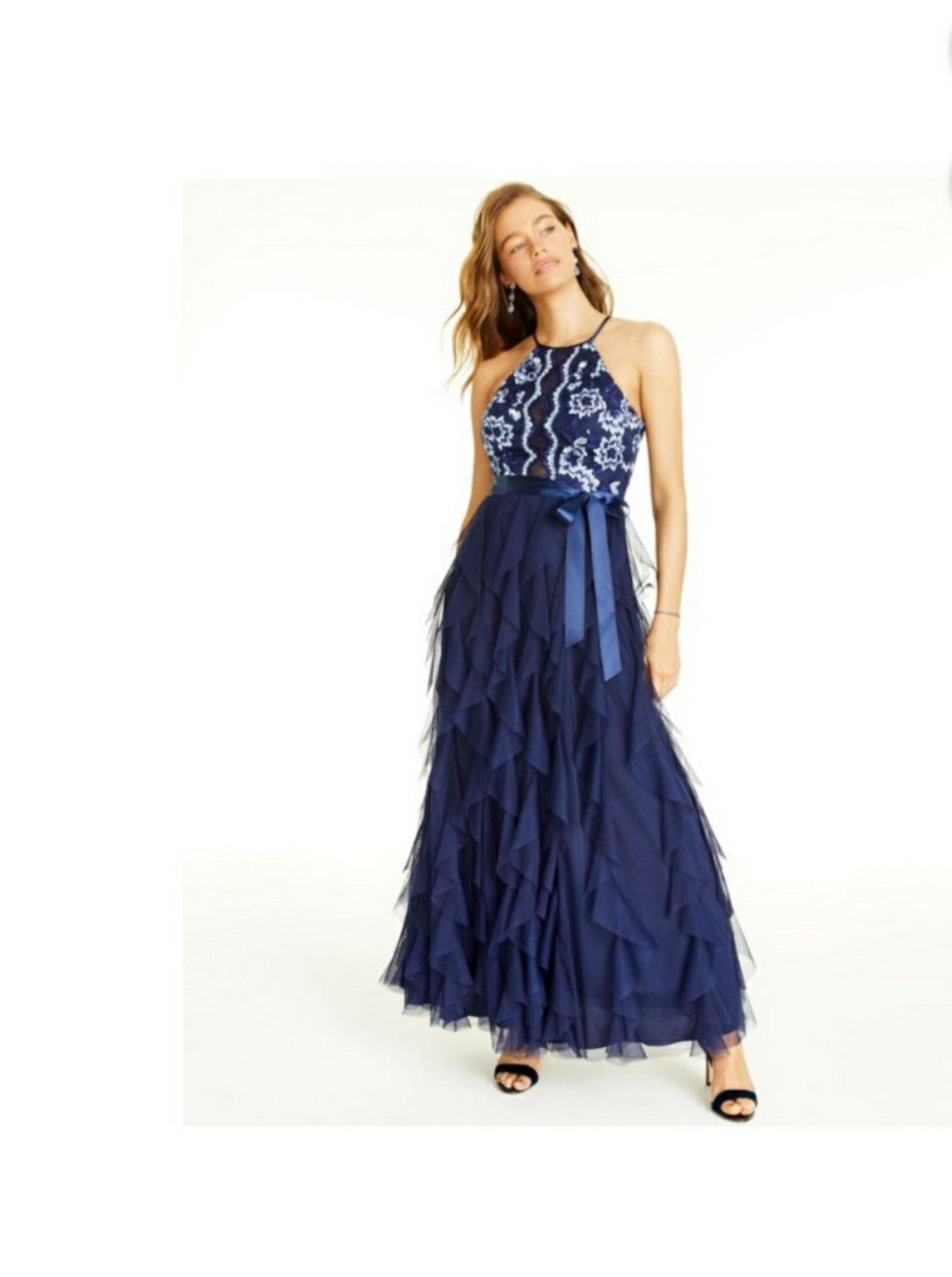 Teeze Me Women's Navy Ruffled Textured Floral Dress Junior 1/2