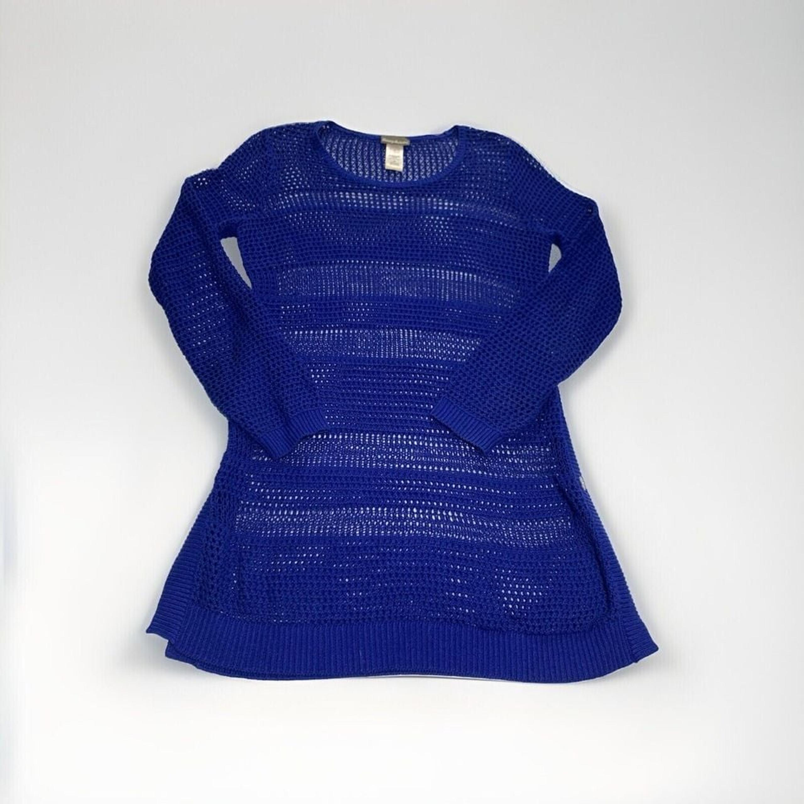 Tommy Bahama Womens Medium Open Knit Sweater Tunic Blue Linen Blend Long Sleeve