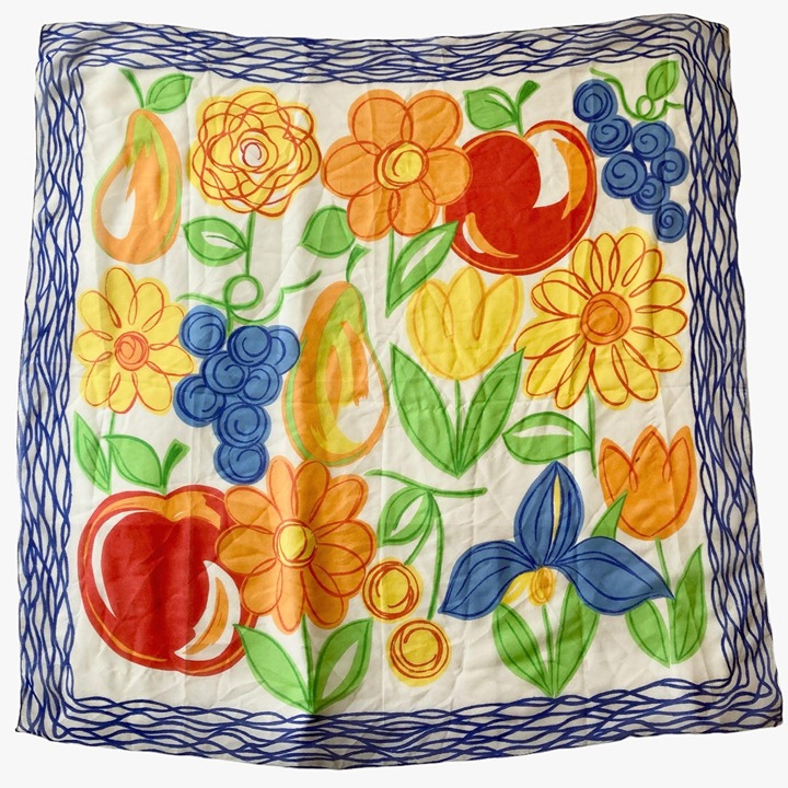 Vintage Fruit Flower Power Scarf Shawl Chiffon 34 X 34" Grapes Apple Tulips