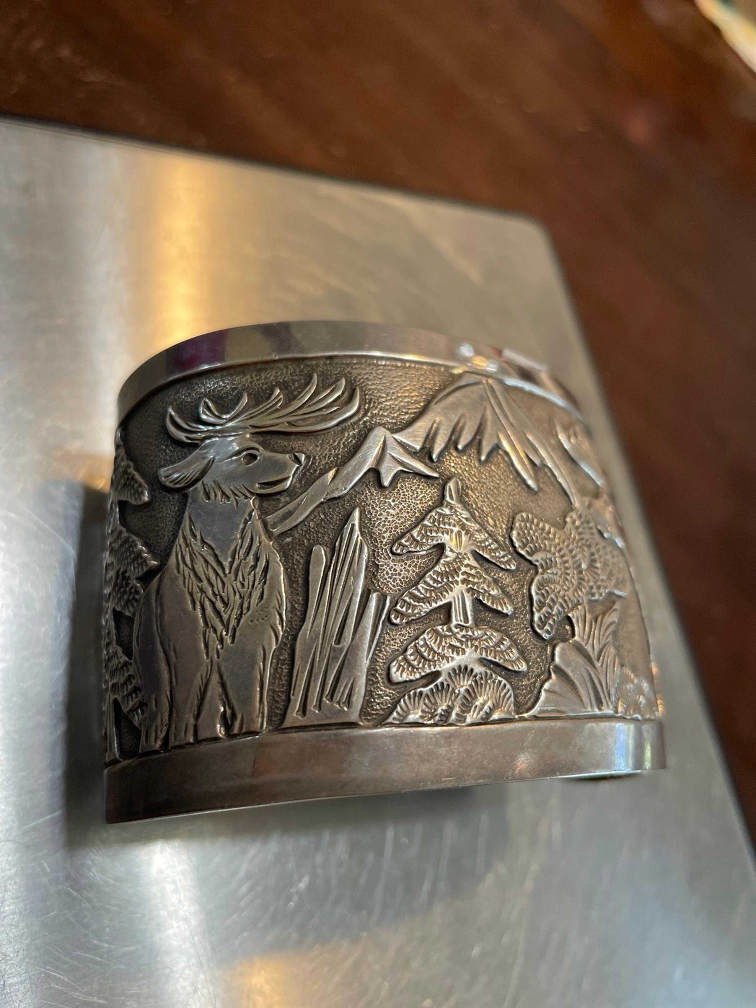 LL BCT signed Elk Forest Scene sterling 94 gm 2 1/2” across x 2” cuff.