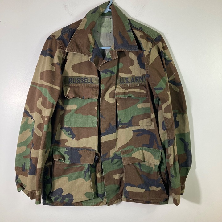 Mens Vintage 1983 Army Jacket Woodland Camo Combat Coat S Reg Russell