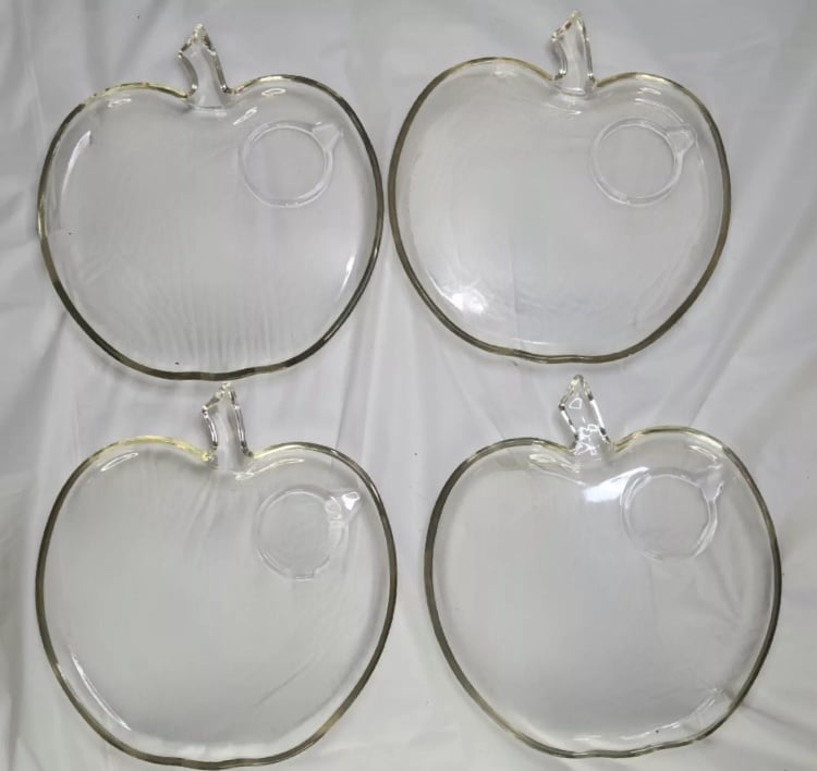 Lot of 4 Hazel Atlas Vintage Glass Apple Shaped Clear Glass Plates MCM 8”x 8”