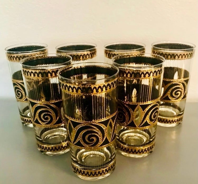Mid Century Culver 12k Gold & Black Highball Glasses (7)
