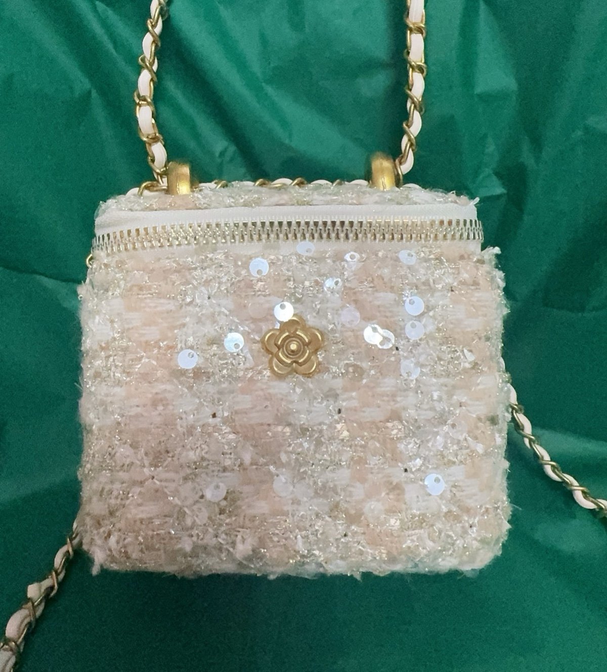 Camellia Sequin Woven Box Crossbody Bag