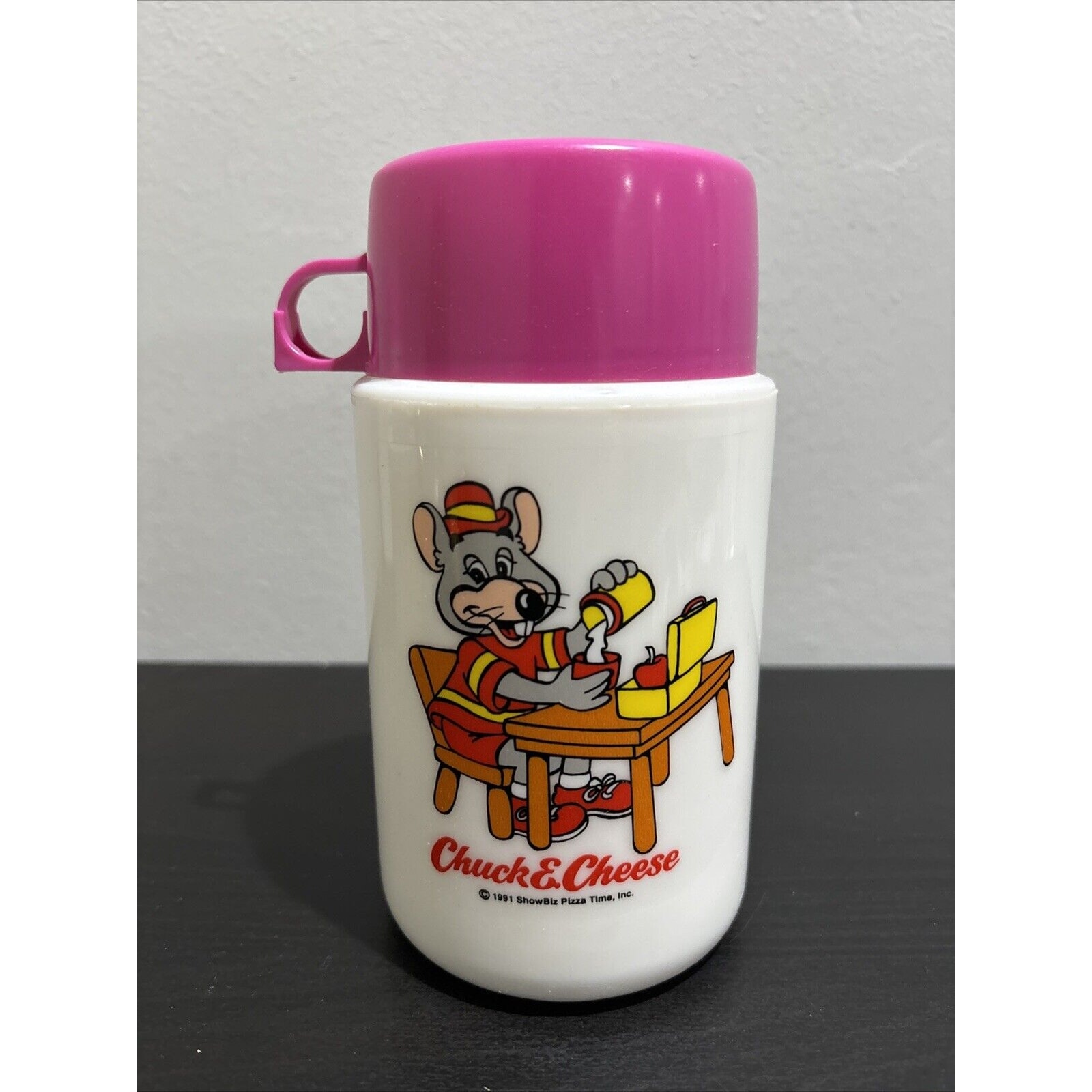 Vintage Chuck E Cheese 1991 ShowBiz Pizza Time Thermos 8oz Pink Top RARE