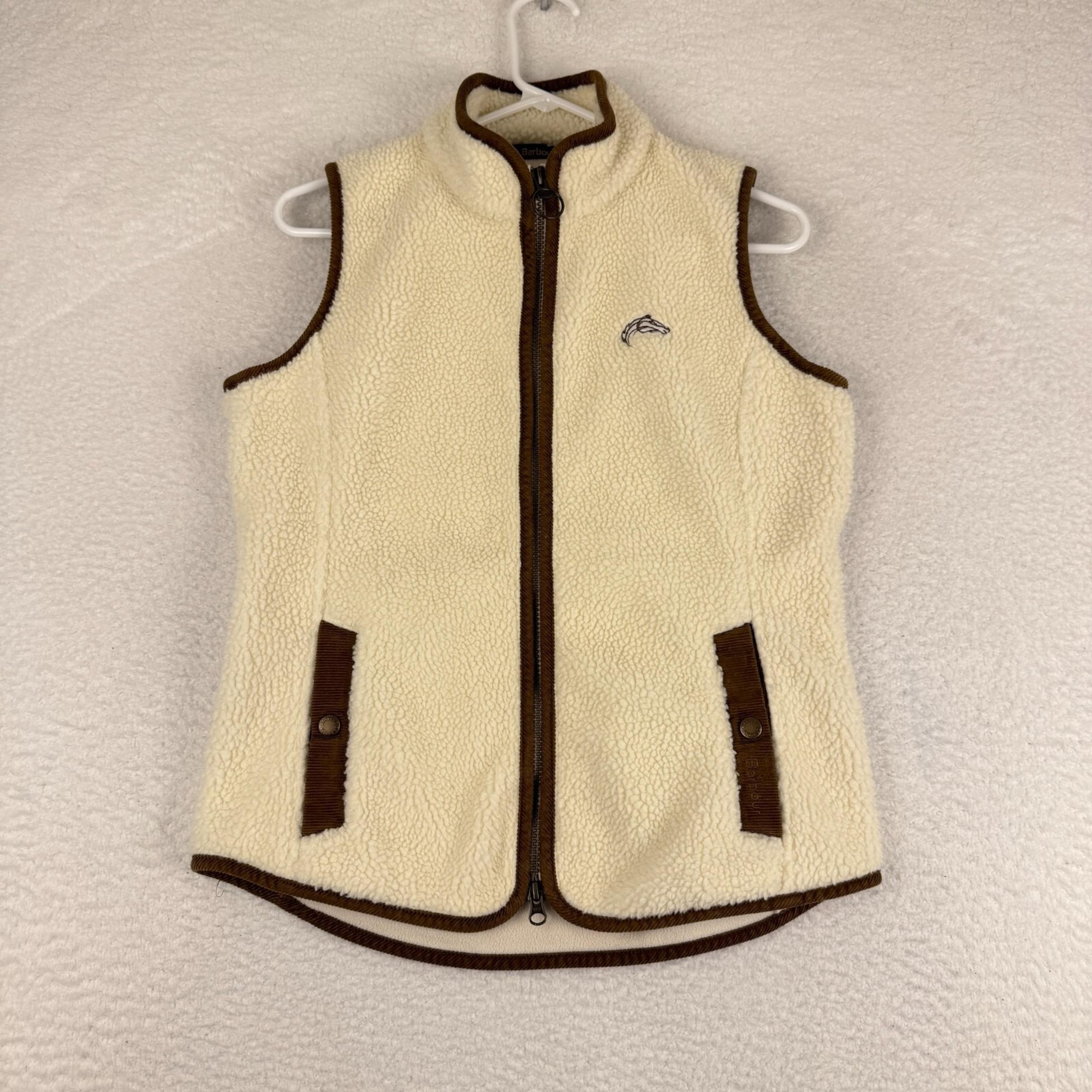 Barbour Burford Fleece Vest Women's Size 6 White Full Zip Horse Head Embriodery