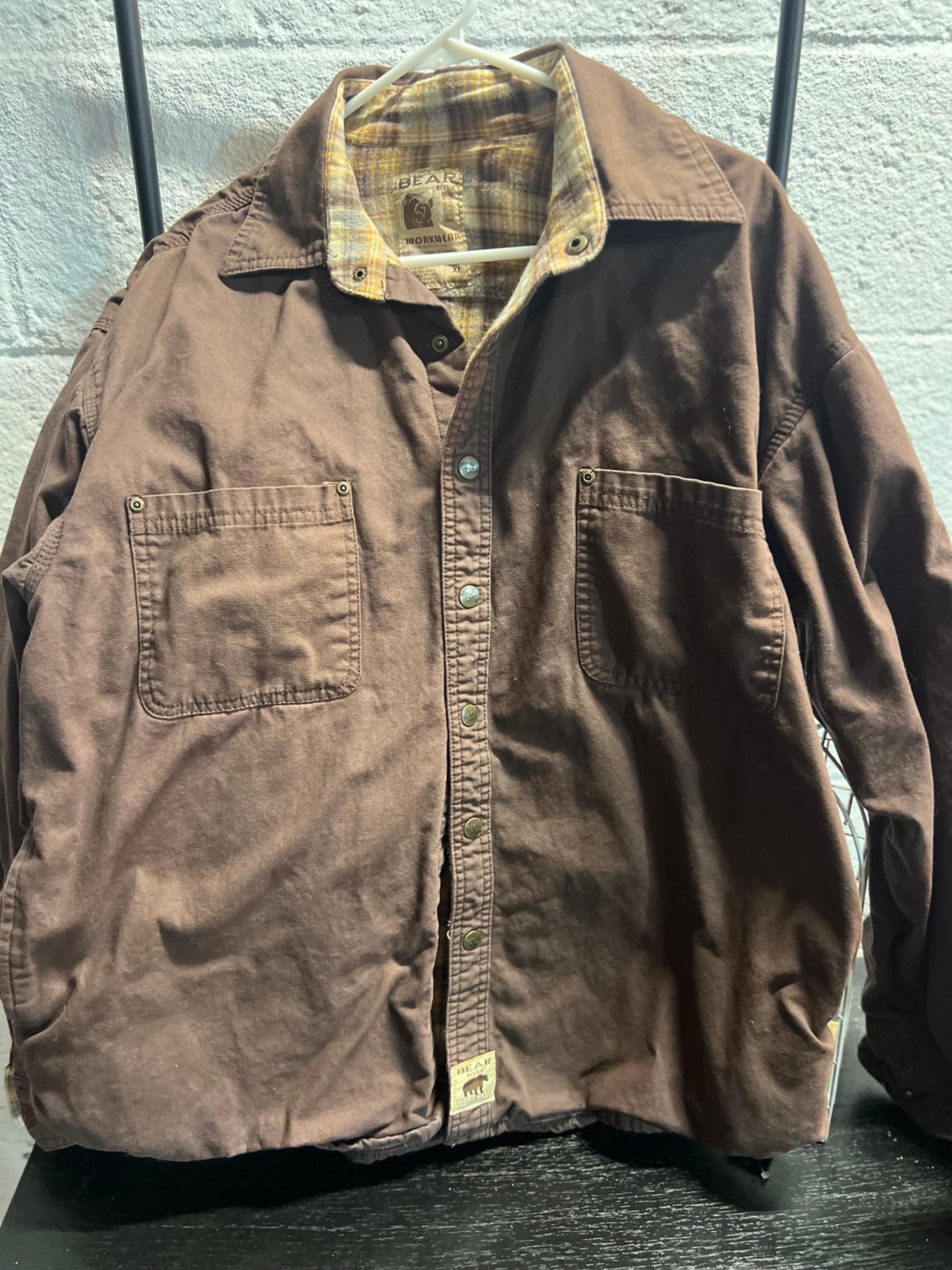 Mens Bear workwear XL extra large flannel lined snap jacket shirt brown river
