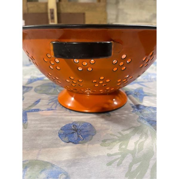 Rare enameled colander | Mid century orange vegetable strainer | orange kitchen