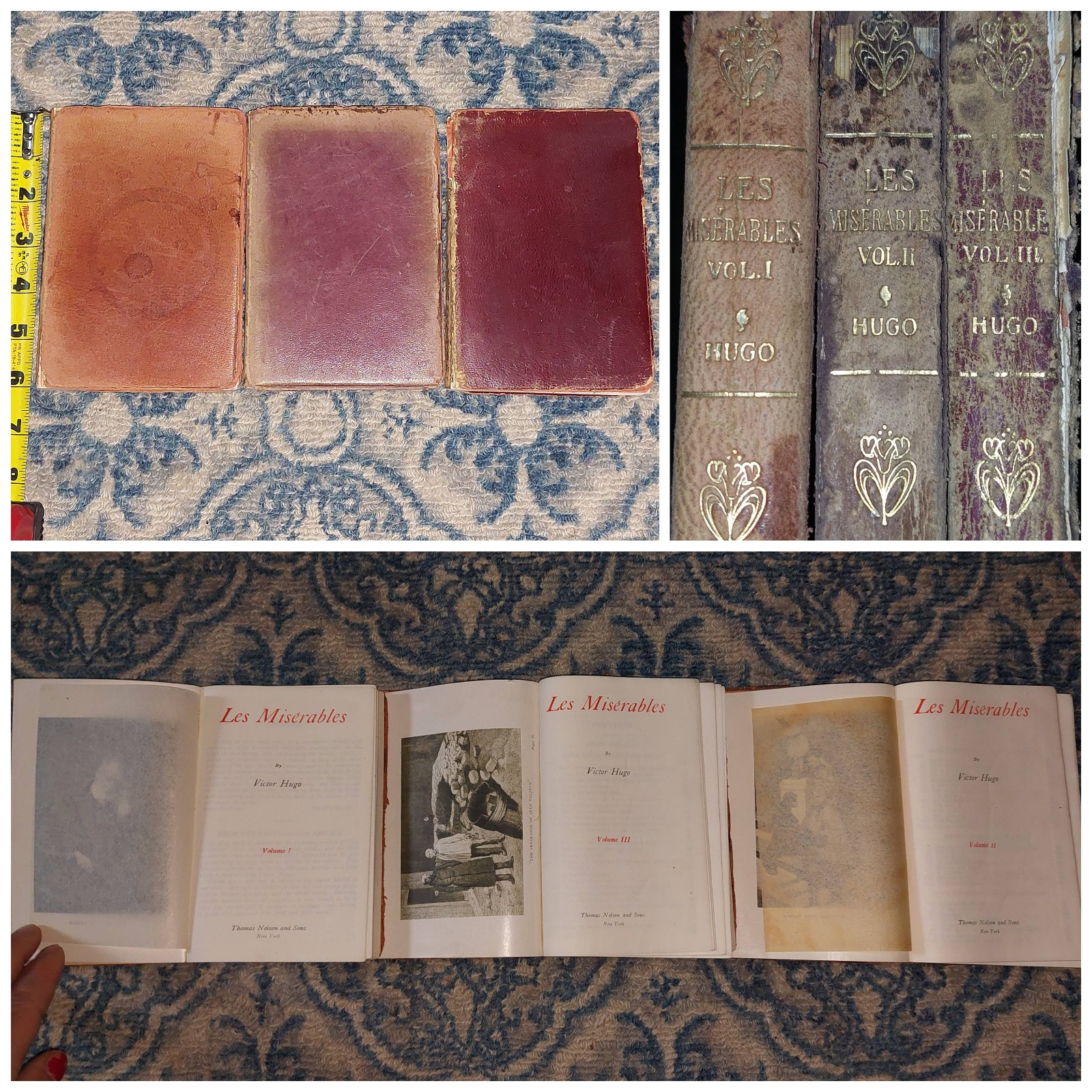 RARE! Antique 1900's (3) Volume Set Les Miserable by Victor Hugo Leather Books