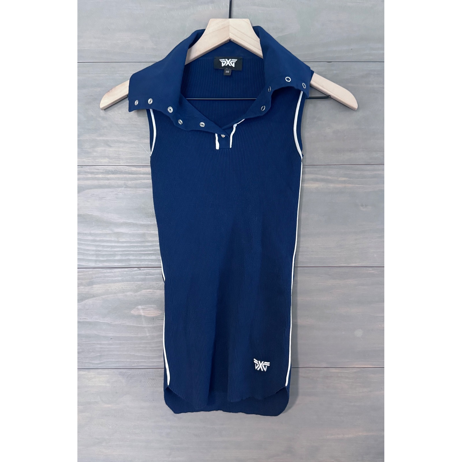 PXG Women's Sleeveless Logo Collar Polo Size 2XS Navy Blue Piping Ribbed Golf