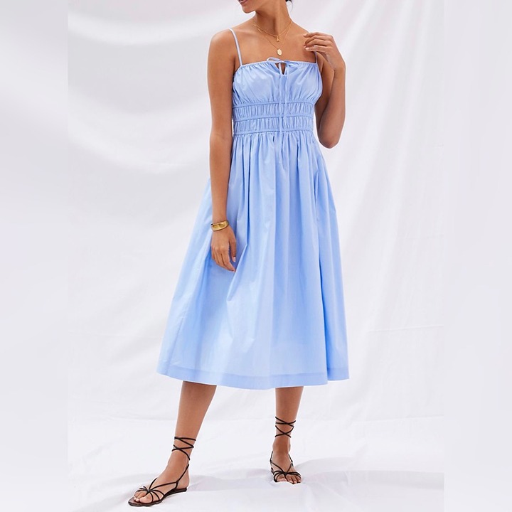 Sunday in Brooklyn Anthropologie Smocked Poplin Cotton Midi Dress Blue Sz M NWT