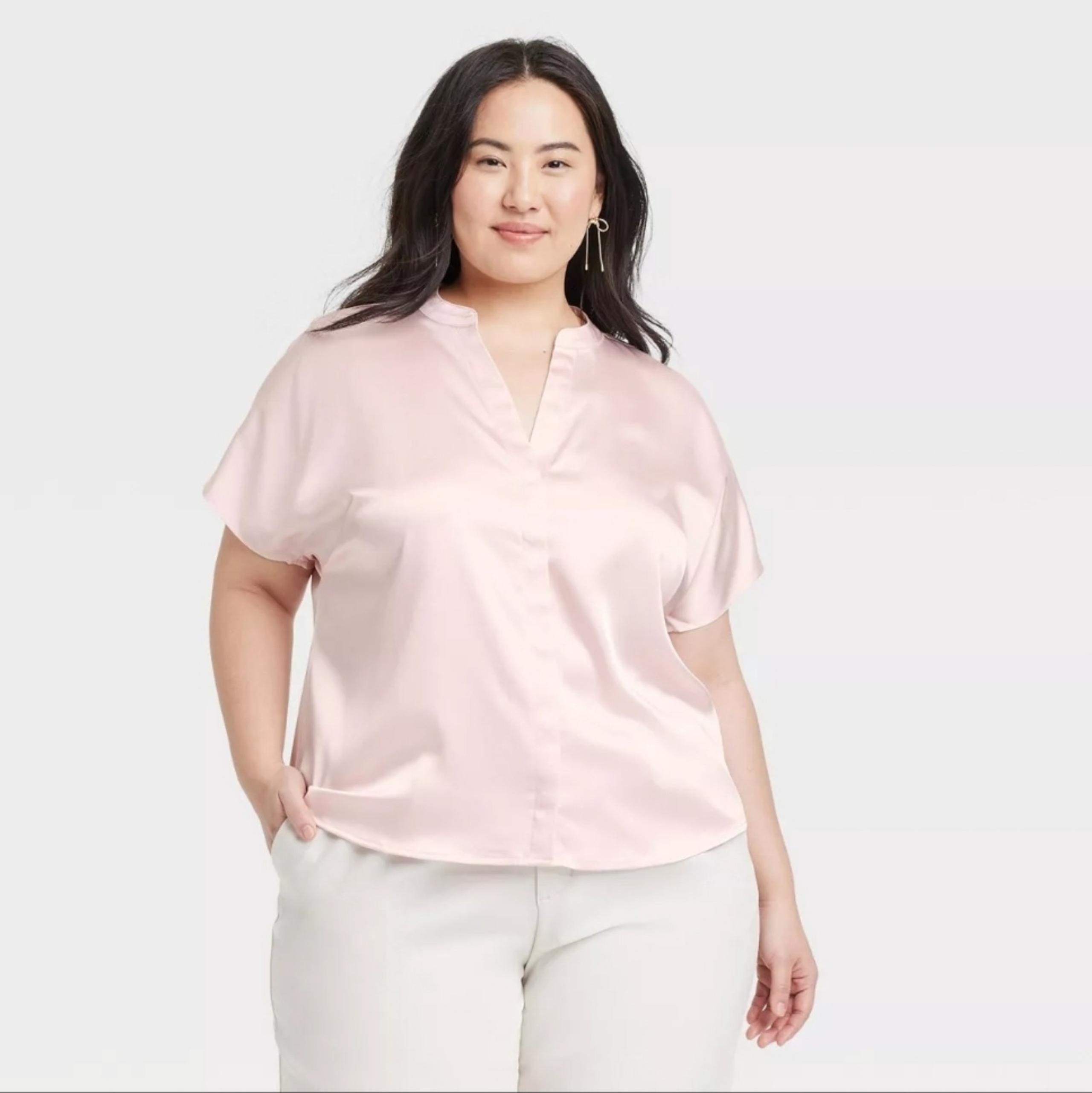 Women's Short Sleeve V-Neck Blouse - A New Day 1X Pink