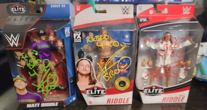 WWE MATT RIDDLE AUTOGRAPHED LOT OF 3 ELITE SERIES FIGURES UFC WITH INSCRIPTIONS