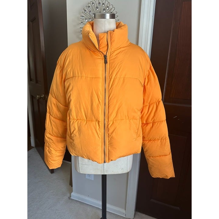 NWT Double Zero Tangerine Orange High Collar Zip Lightweight Puffer Coat Size SM