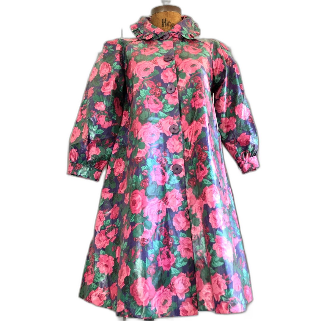 80s Floral Ruffle Collar Puff Sleeve Coated Cotton Raincoat XXS XS