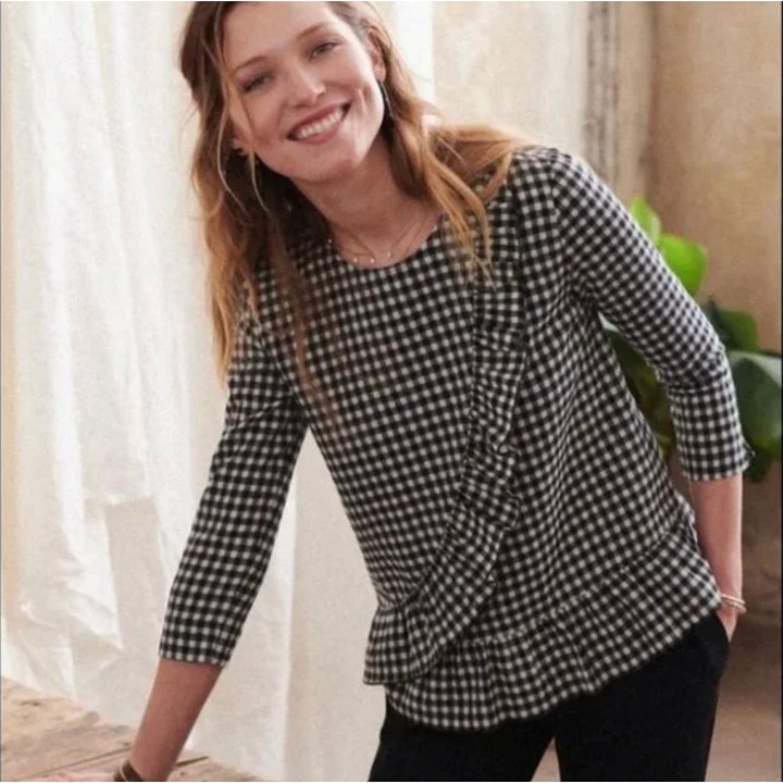 Sezane Jerry Vichy Noir Blanc checked ruffle top black Wool Blend Plaid SZ40 US8