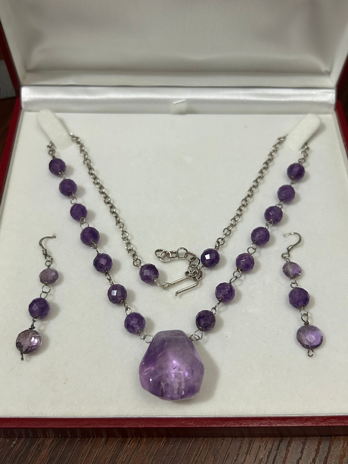NIB faced genuine amethyst gemstone bead silver tone necklace earrings set gift