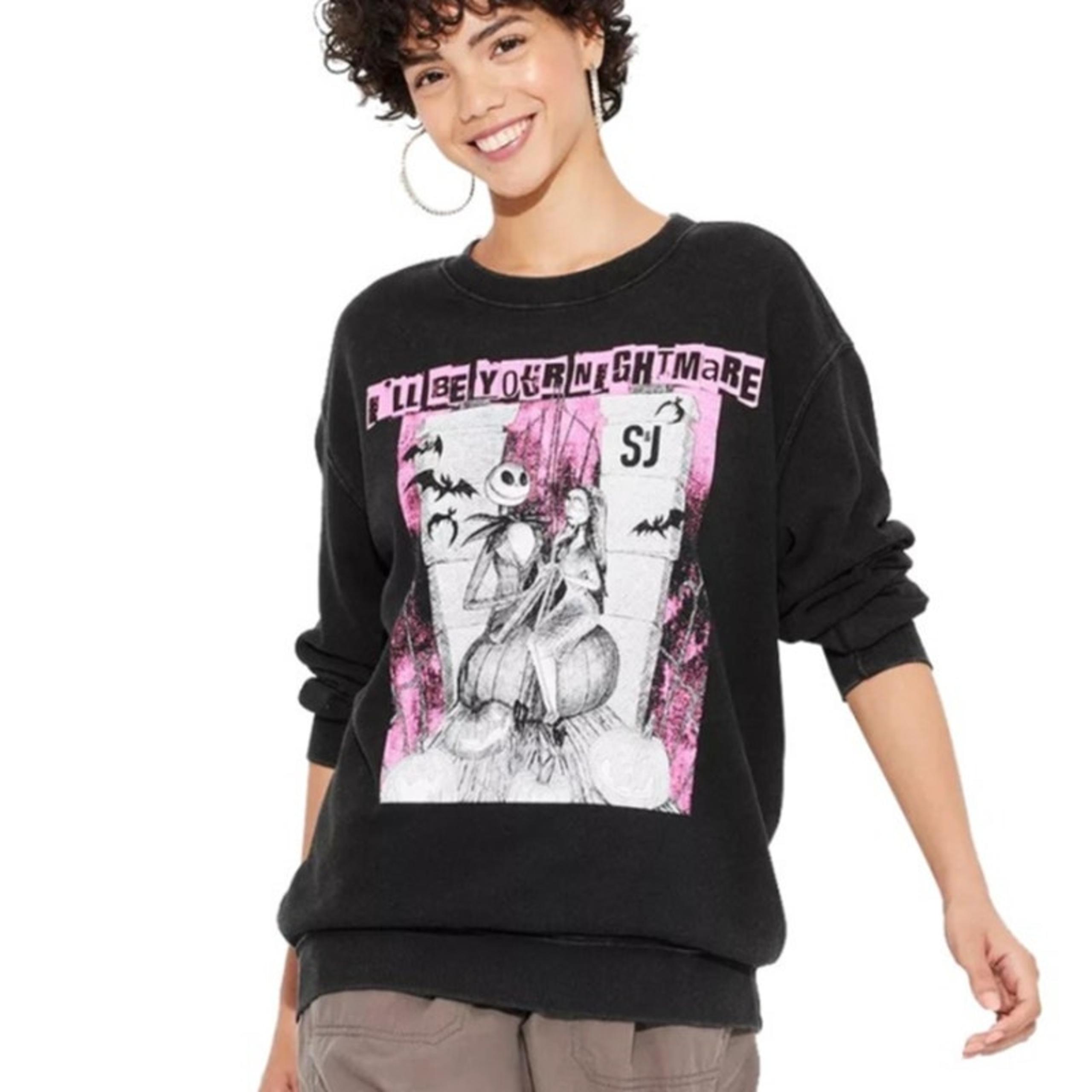 NEW Disney Nightmare Before Christmas Crewneck Sweatshirt Black Pink Women's L