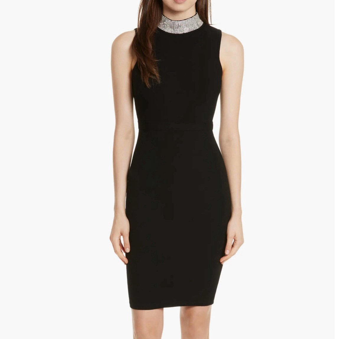 MILLY Black Knit Sleeveless Rhinestone Jewel Collar Sheath Dress Size Small