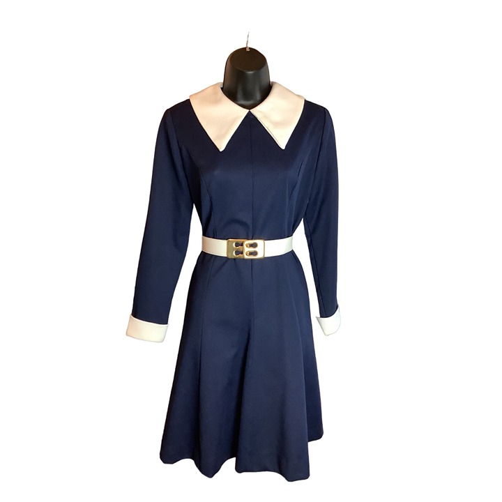 1960''s-70''s Montgomery Ward Navy & White Dagger Collar Dress