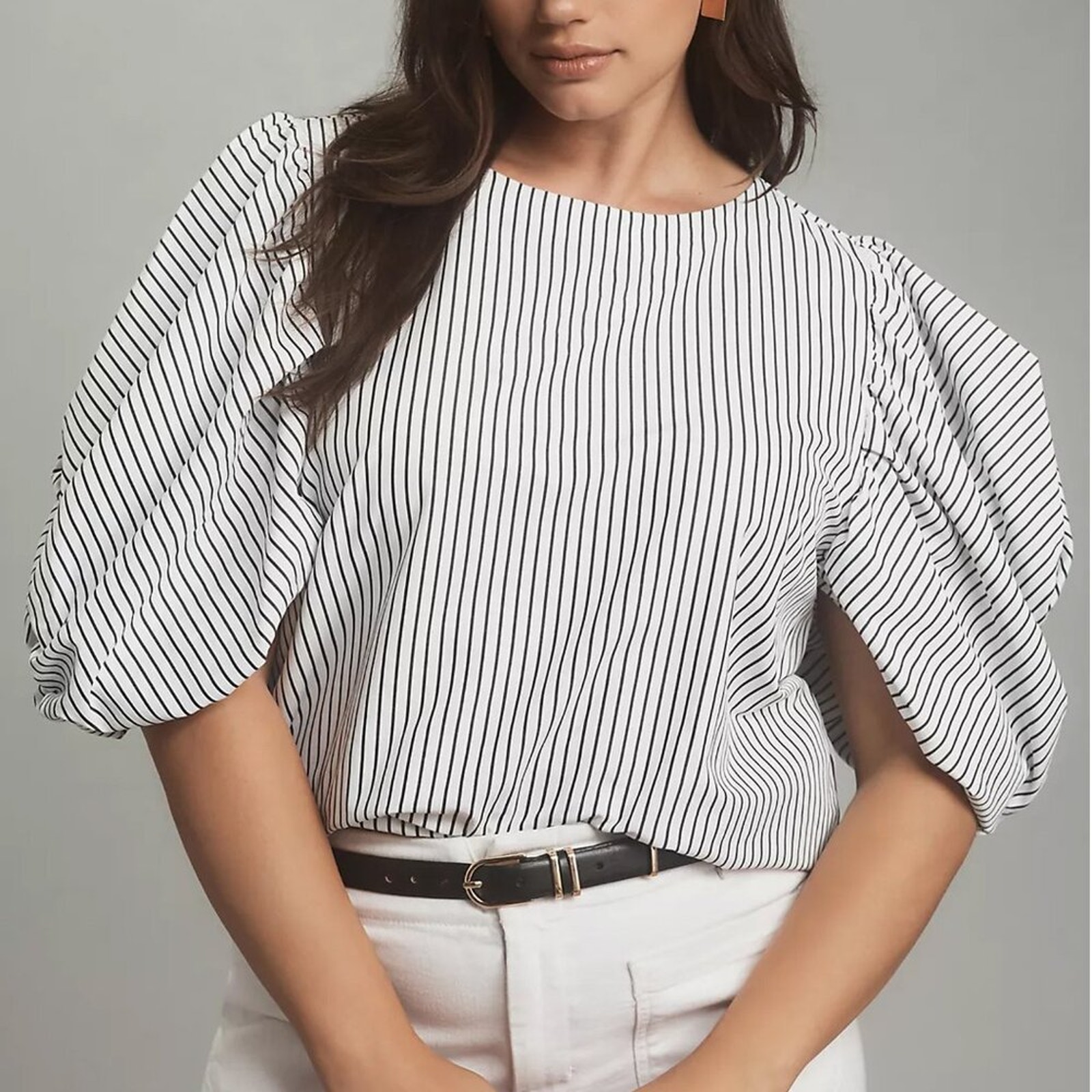 MAEVE | NWT Women's Puff-Sleeve Boatneck Top Striped White Black Size XL