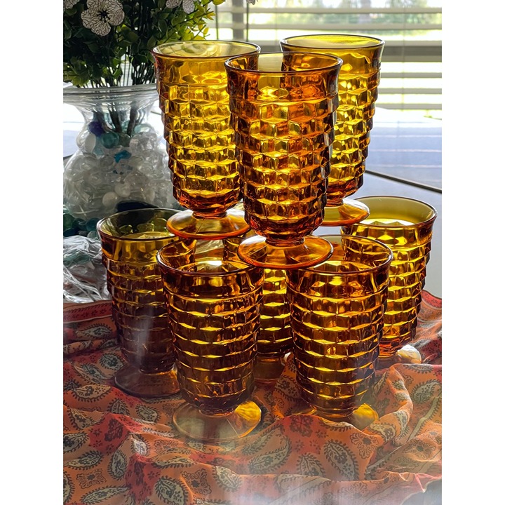 Vintage Amber Whitehall Colony Cubed Ice Tea Drink Glass Footed Eight