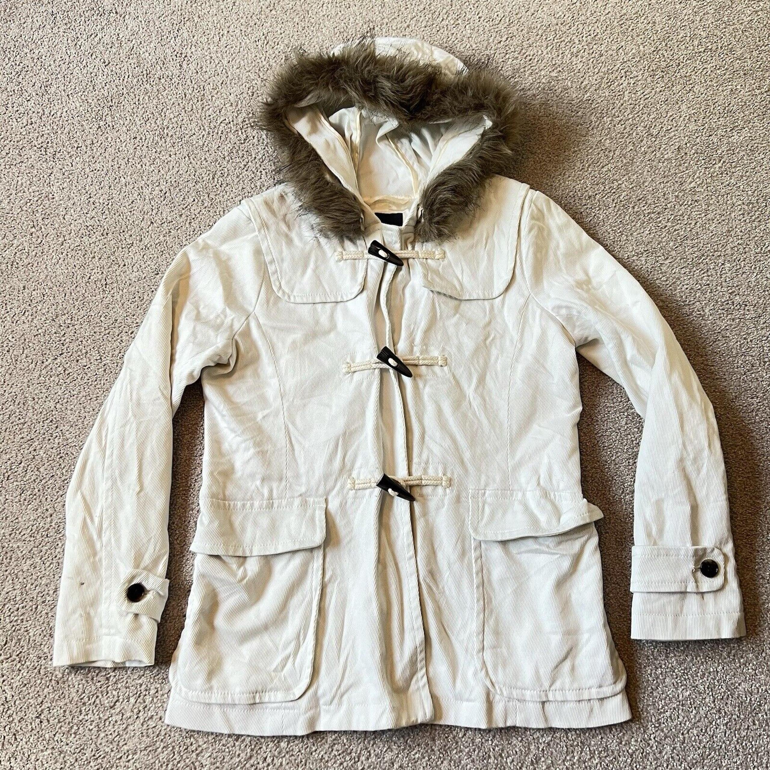 Vintage Y2K Gap Cream Jacket Parka Coat Hooded Faux Fur Trim Toggle Women’s S