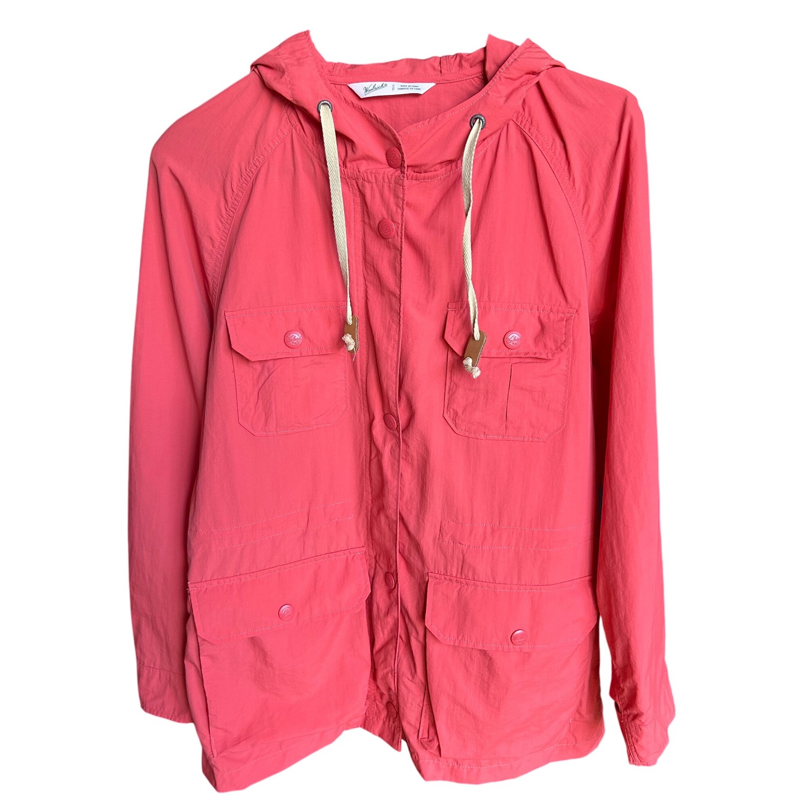 Woolrich Hoodie Utility Light Jacket Size Small Coral Pink Snap Buttons Front