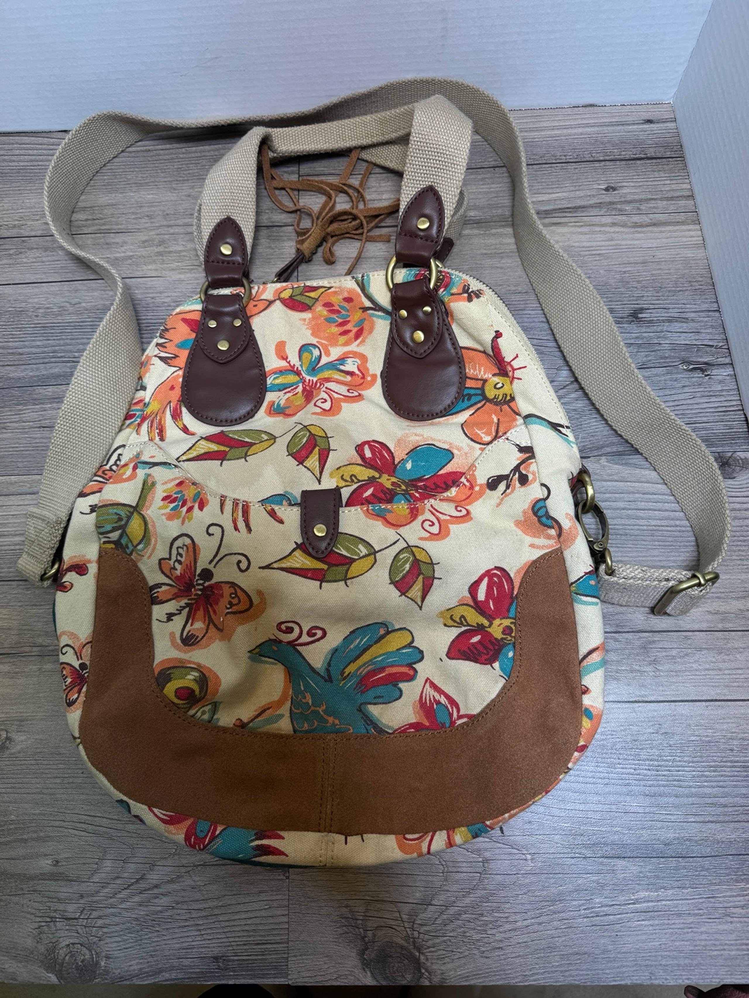 LUCKY BRAND CANVAS & LEATHER COLORFUL FLORAL BACKPACK SHOULDER BAG 15'' X 12''