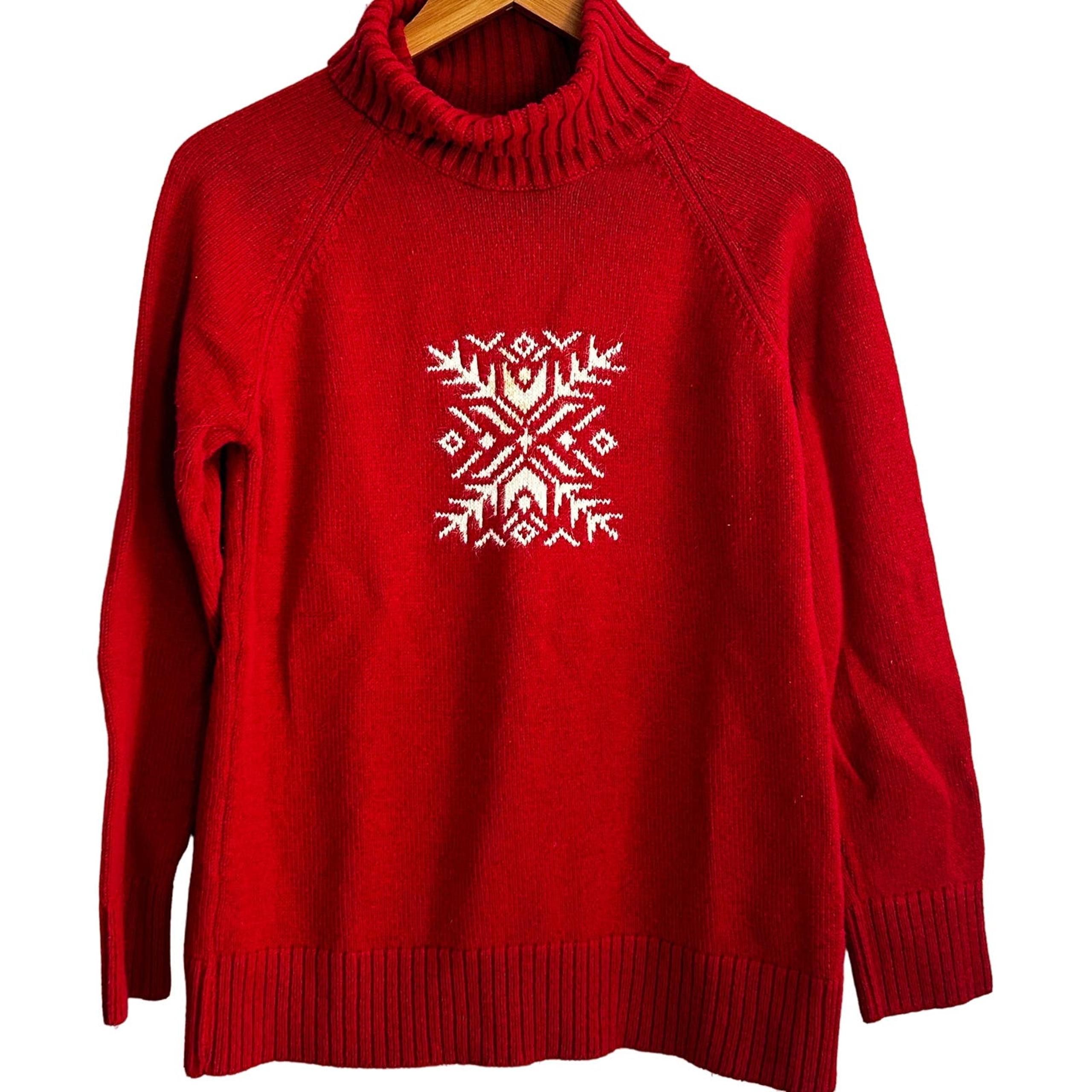 Coldwater Creek Turtleneck Tunic Snowflake Sweater M Red White Knit Scandinavian