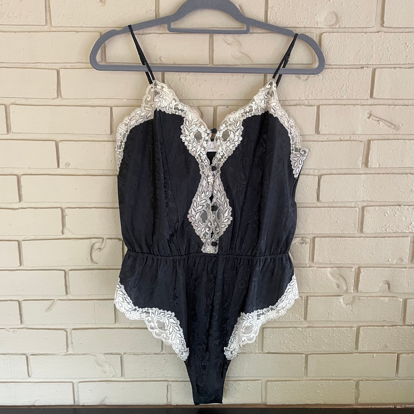 Vintage Delicates Black Satin Teddy One Piece Snap Crotch Camisole Lingerie M