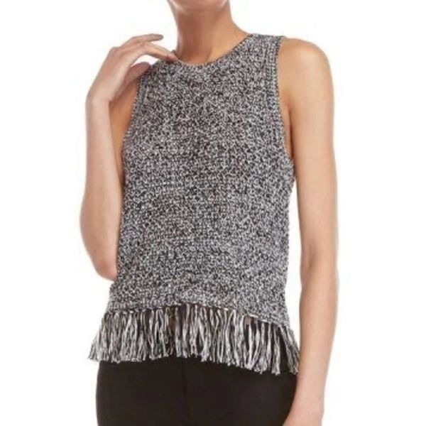 Rebecca Minkoff Bea Sleeveless Black & White Knit Fringe Top. Size Large. NWT
