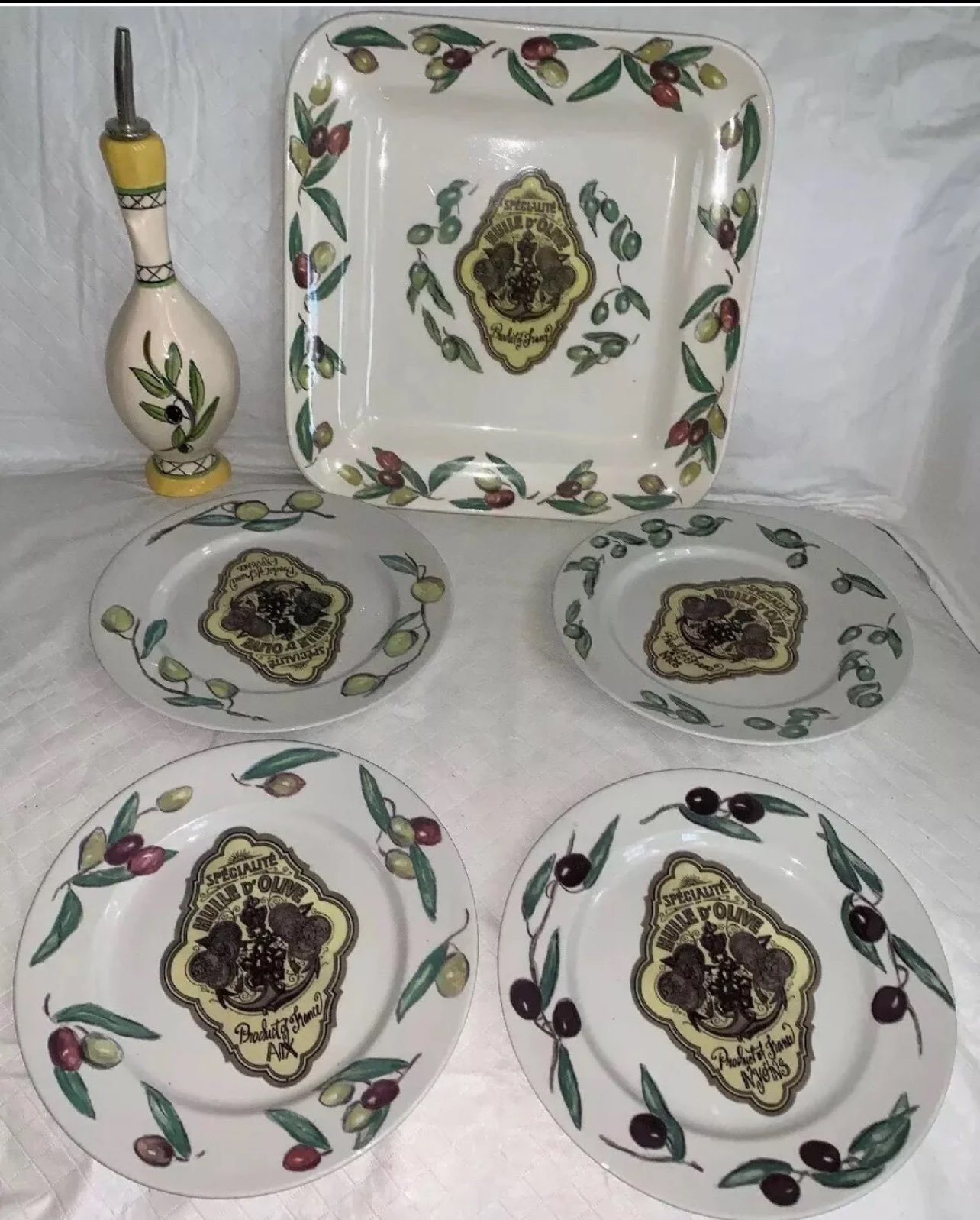 Rosanna Lunch Plates (4) Square Platter & Oil Decanter Set made in Italy Olives