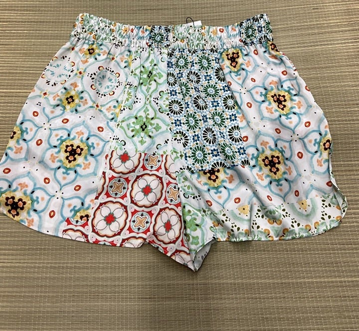 ZARA Silky Satin Flowy Printed Multicolor Elastic Waist Summer Shorts XL NWT