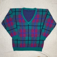 Vintage L-Simsbury V-Neck Pastel Checkers Sweater: Size Small