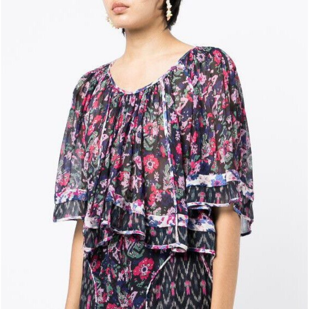 Isabel Marant Étoile Roxini Floral Print Sheer Navy Blue Pink Blouse Women's 34