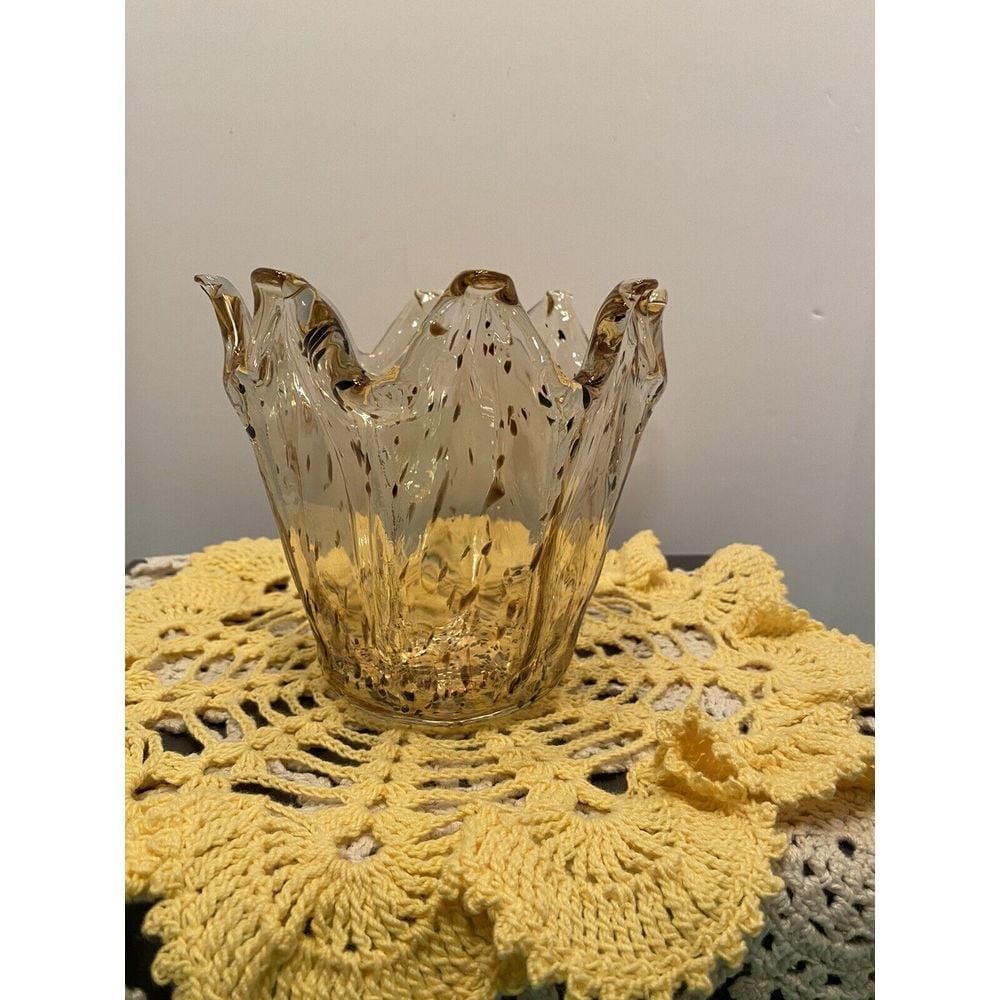 VTG THICK Amber Glass Bowl With Black Specks YOU CAN FEEL! Hand Blown 8 Fingers