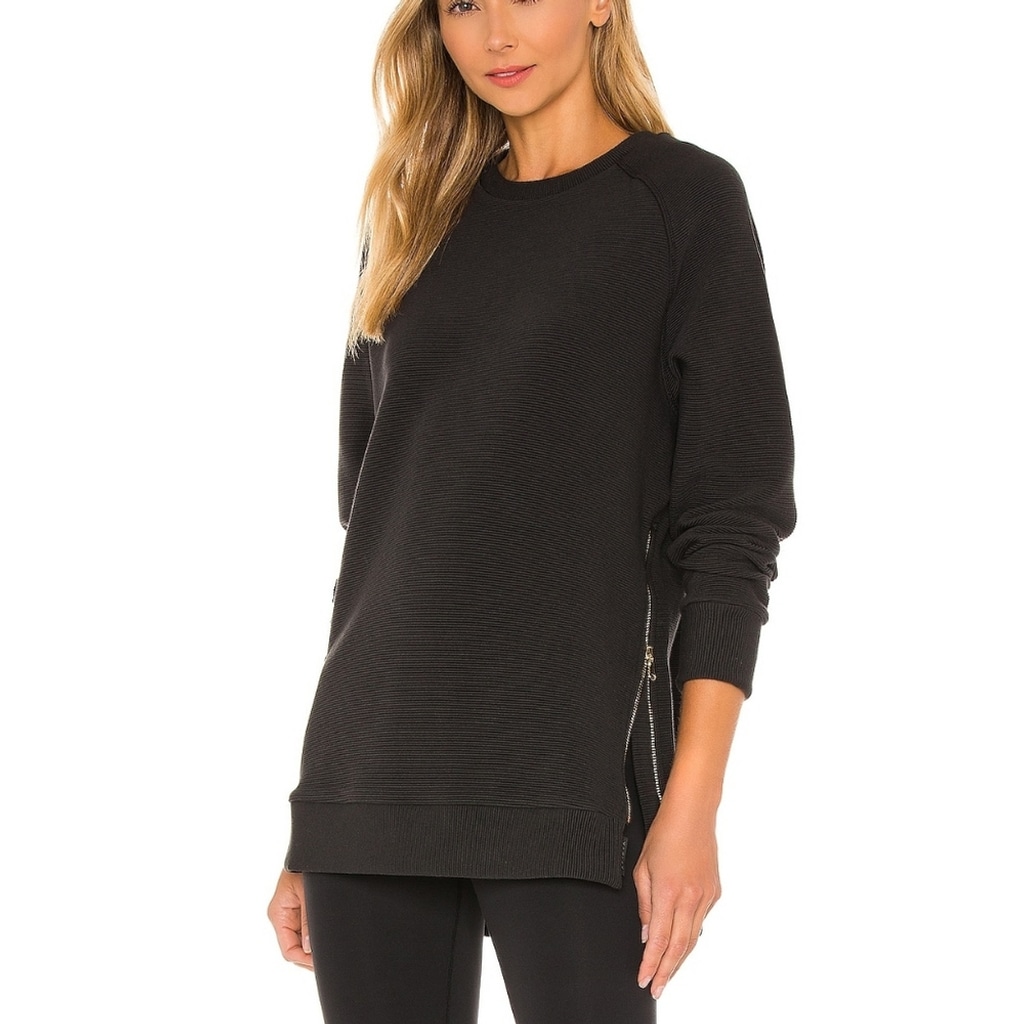 Varley Manning Sweatshirt Black Ottoman Ribbed Knit Side Zip Size Medium